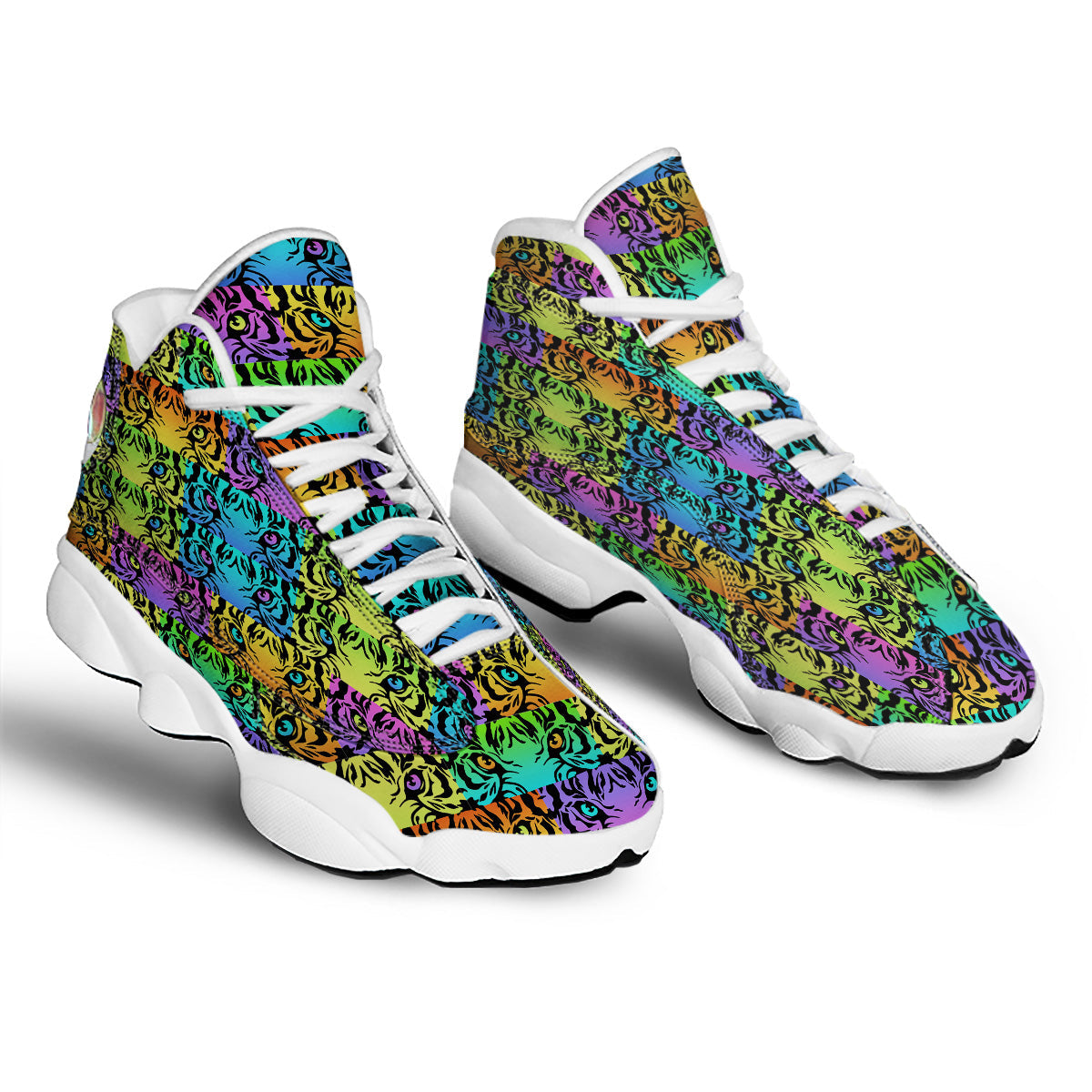 Rainbow Tiger Eyes Print Pattern White Basketball Shoes-grizzshop