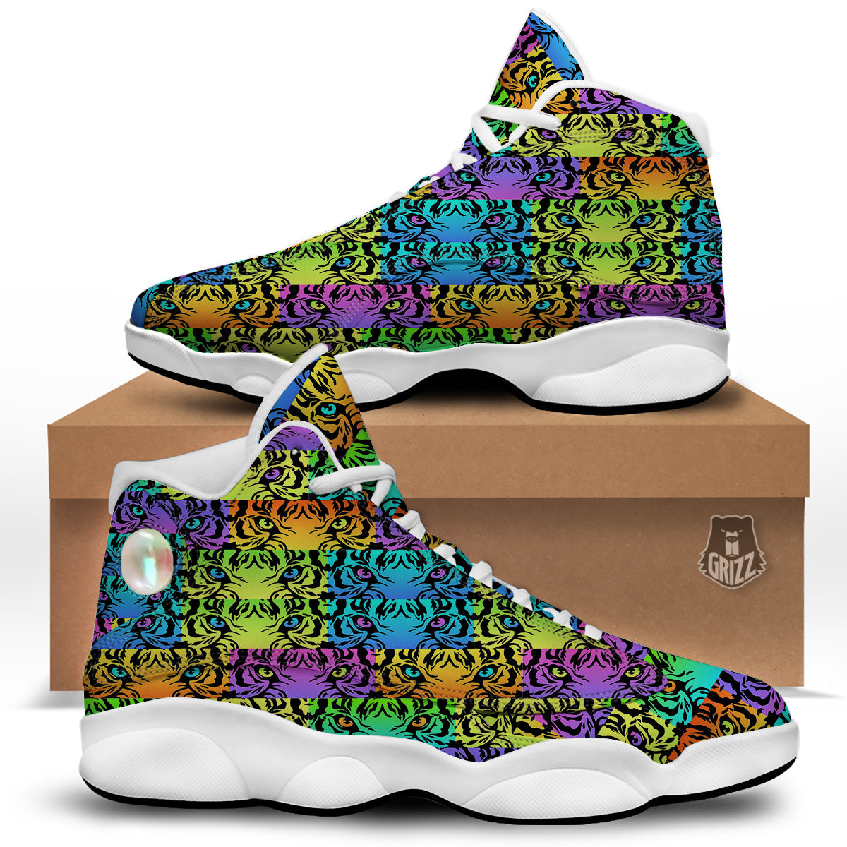 Rainbow Tiger Eyes Print Pattern White Basketball Shoes-grizzshop