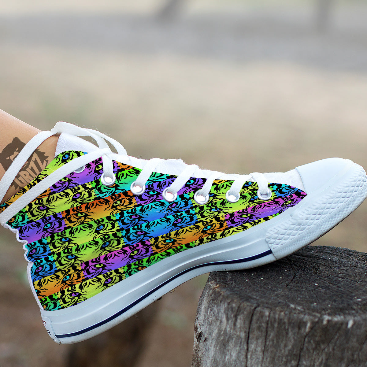 Rainbow Tiger Eyes Print Pattern White High Top Shoes-grizzshop