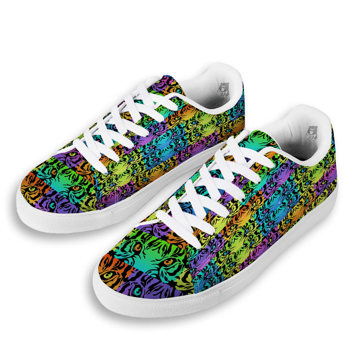 Rainbow Tiger Eyes Print Pattern White Low Top Sneakers-grizzshop