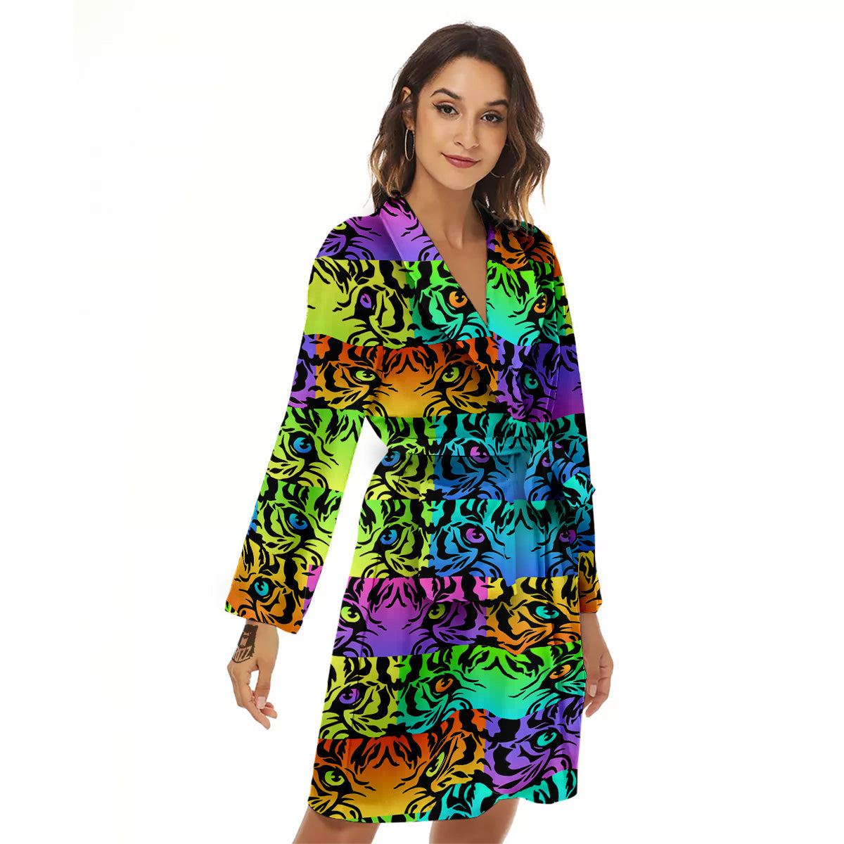 Rainbow Tiger Eyes Print Pattern Women's Robe-grizzshop