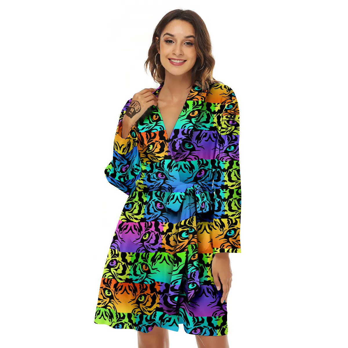 Rainbow Tiger Eyes Print Pattern Women's Robe-grizzshop