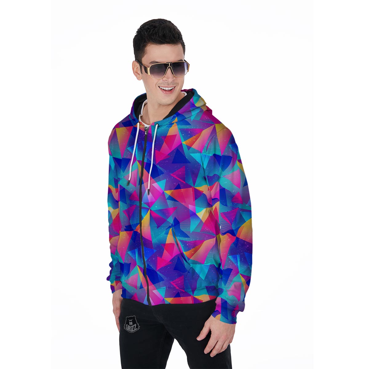 Rainbow Triangle Geometric Men's Zip Up Hoodie-grizzshop