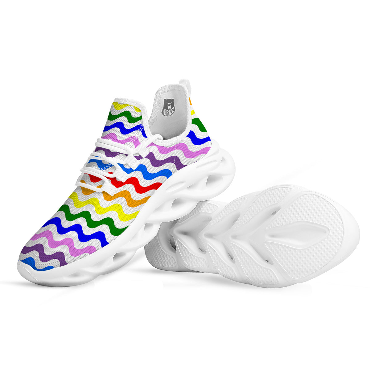 Rainbow Wave Striped Print White Running Shoes-grizzshop