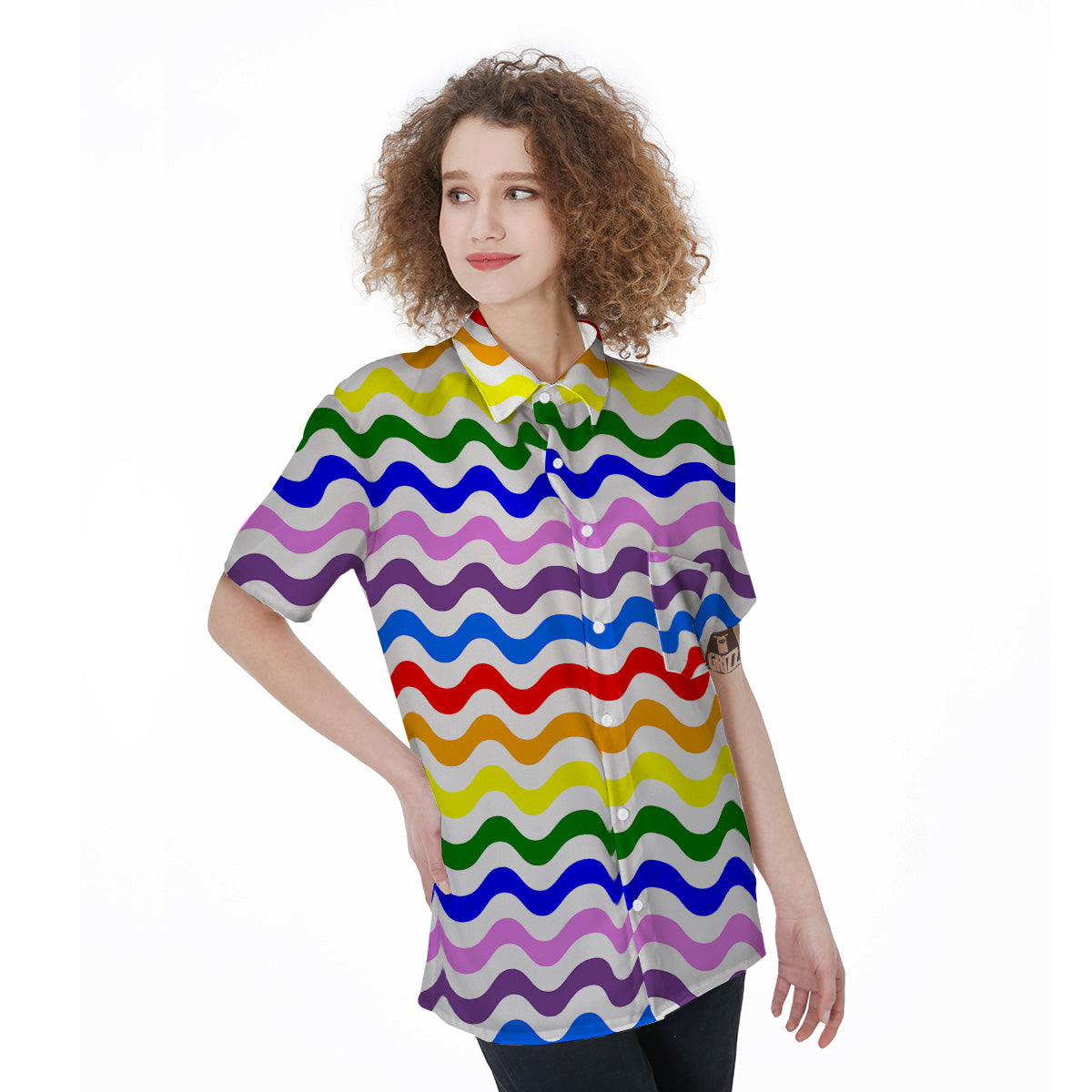 Rainbow Wave Striped Print Women's Short Sleeve Shirts-grizzshop