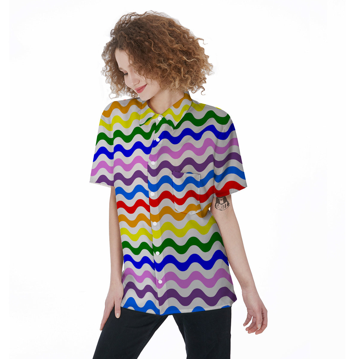 Rainbow Wave Striped Print Women's Short Sleeve Shirts-grizzshop