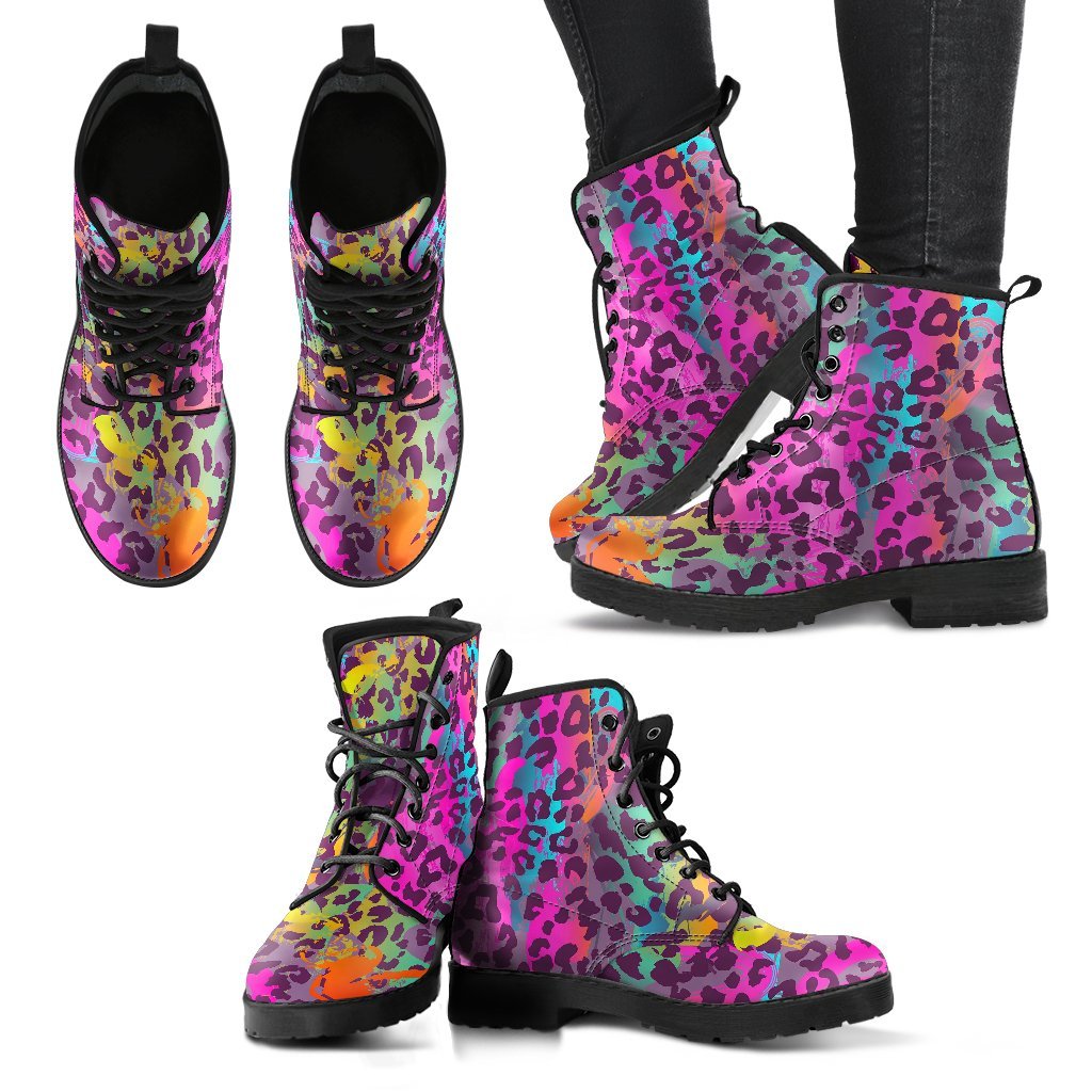 Rainbow Cheetah Leopard Pattern Print Men Women Leather Boots-grizzshop
