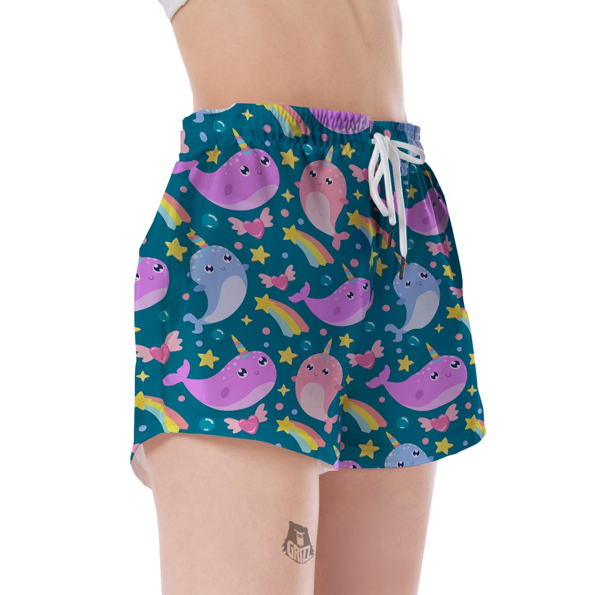 Rainbow Narwhal Pattern Print Women's Shorts-grizzshop