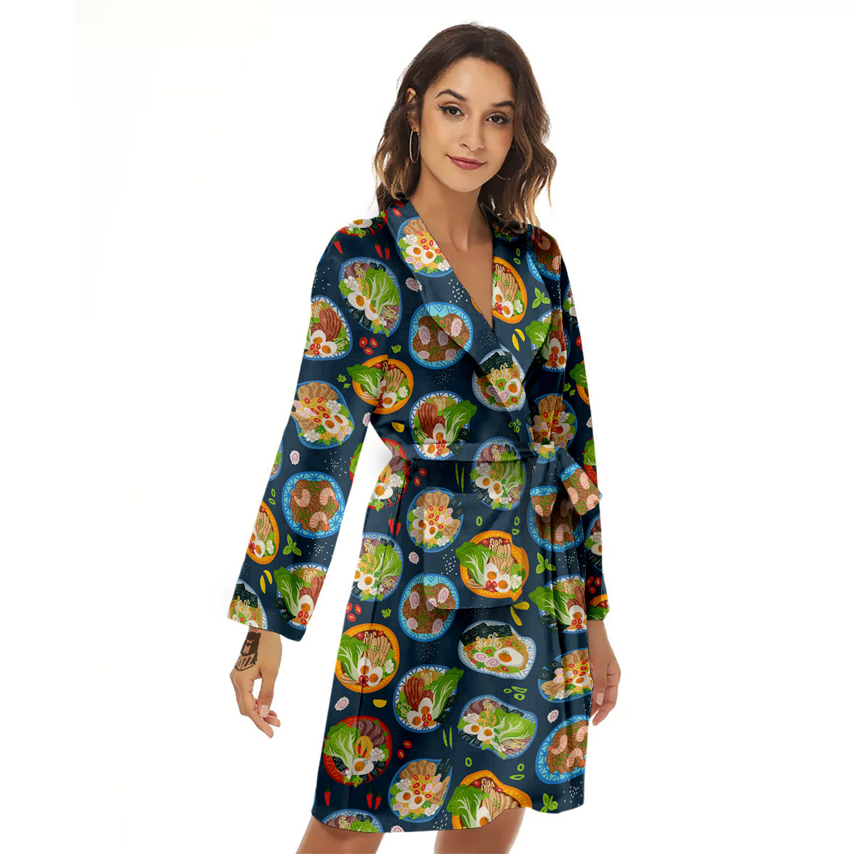Ramen Udon Noodles In Bowl Print Pattern Women's Robe-grizzshop