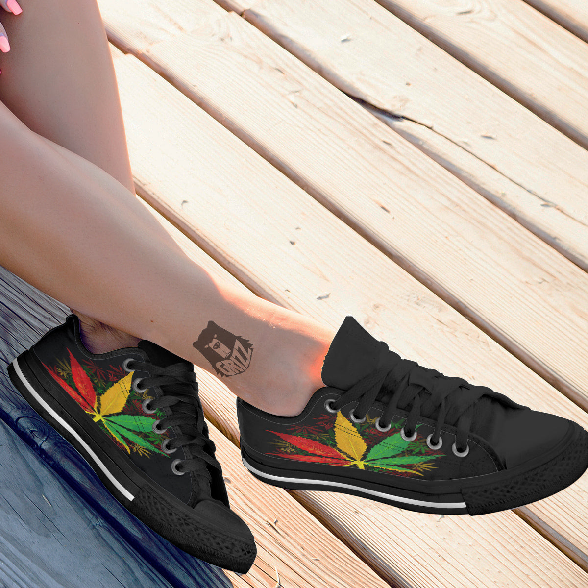 Rasta Cannabis Print Black Low Top Shoes-grizzshop