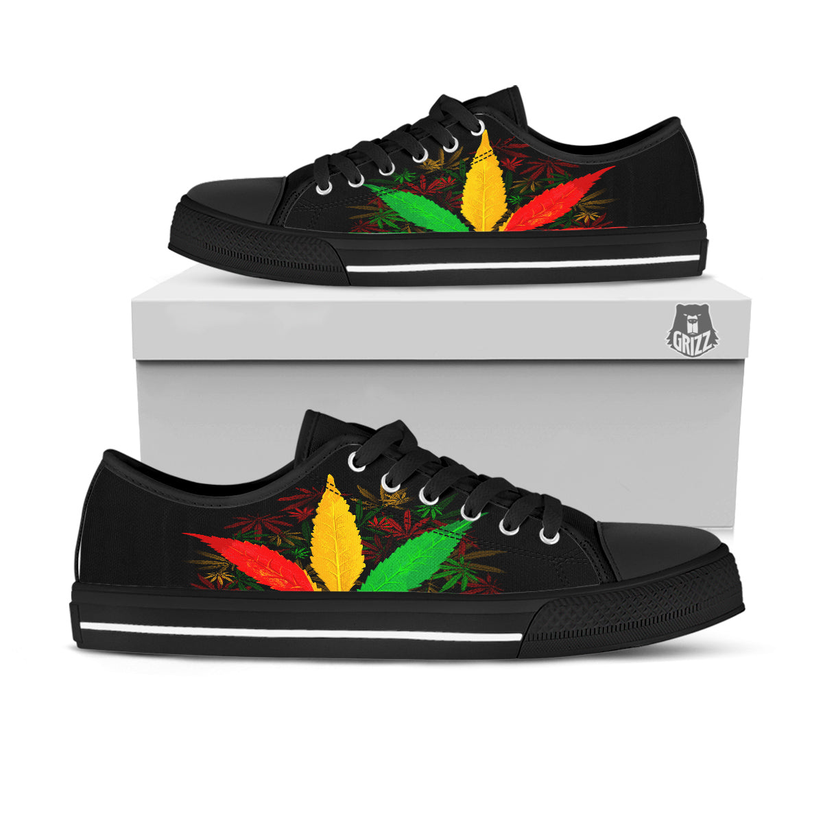 Rasta Cannabis Print Black Low Top Shoes-grizzshop