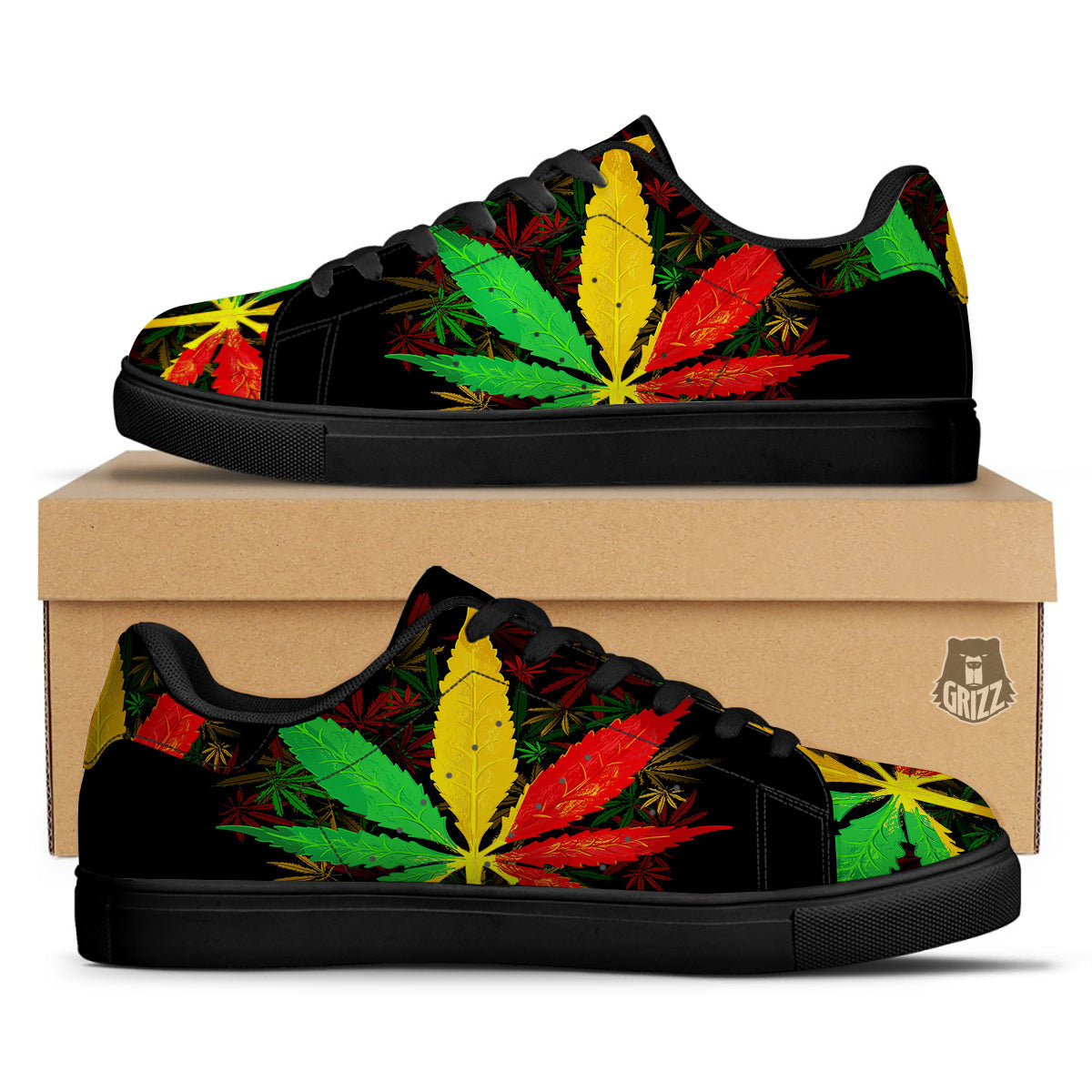 Rasta Cannabis Print Black Low Top Sneakers-grizzshop