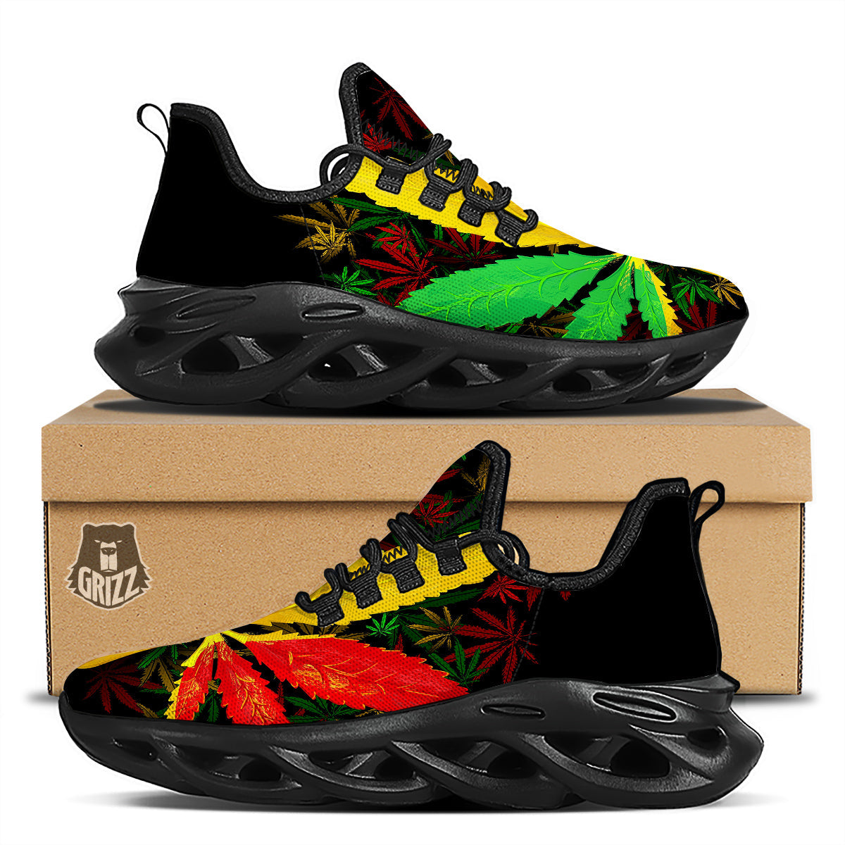 Rasta Cannabis Print Black Running Shoes-grizzshop