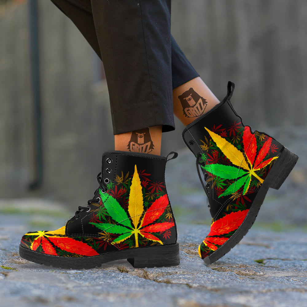 Rasta Cannabis Print Leather Boots-grizzshop