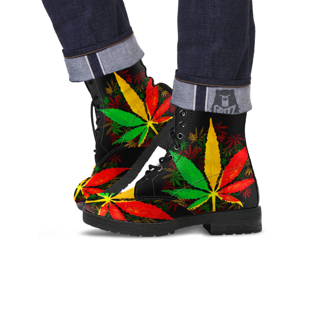 Rasta Cannabis Print Leather Boots-grizzshop