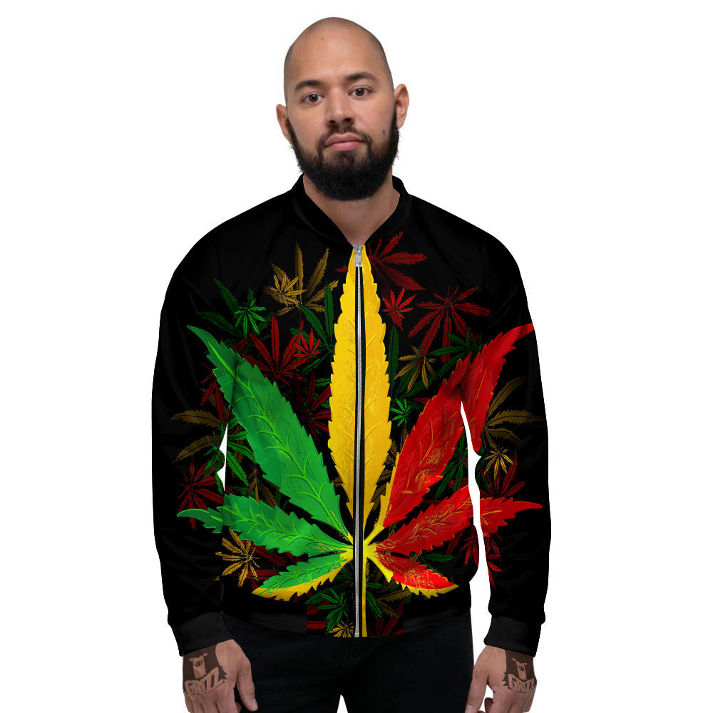 Rasta Cannabis Print Men's Bomber Jacket-grizzshop