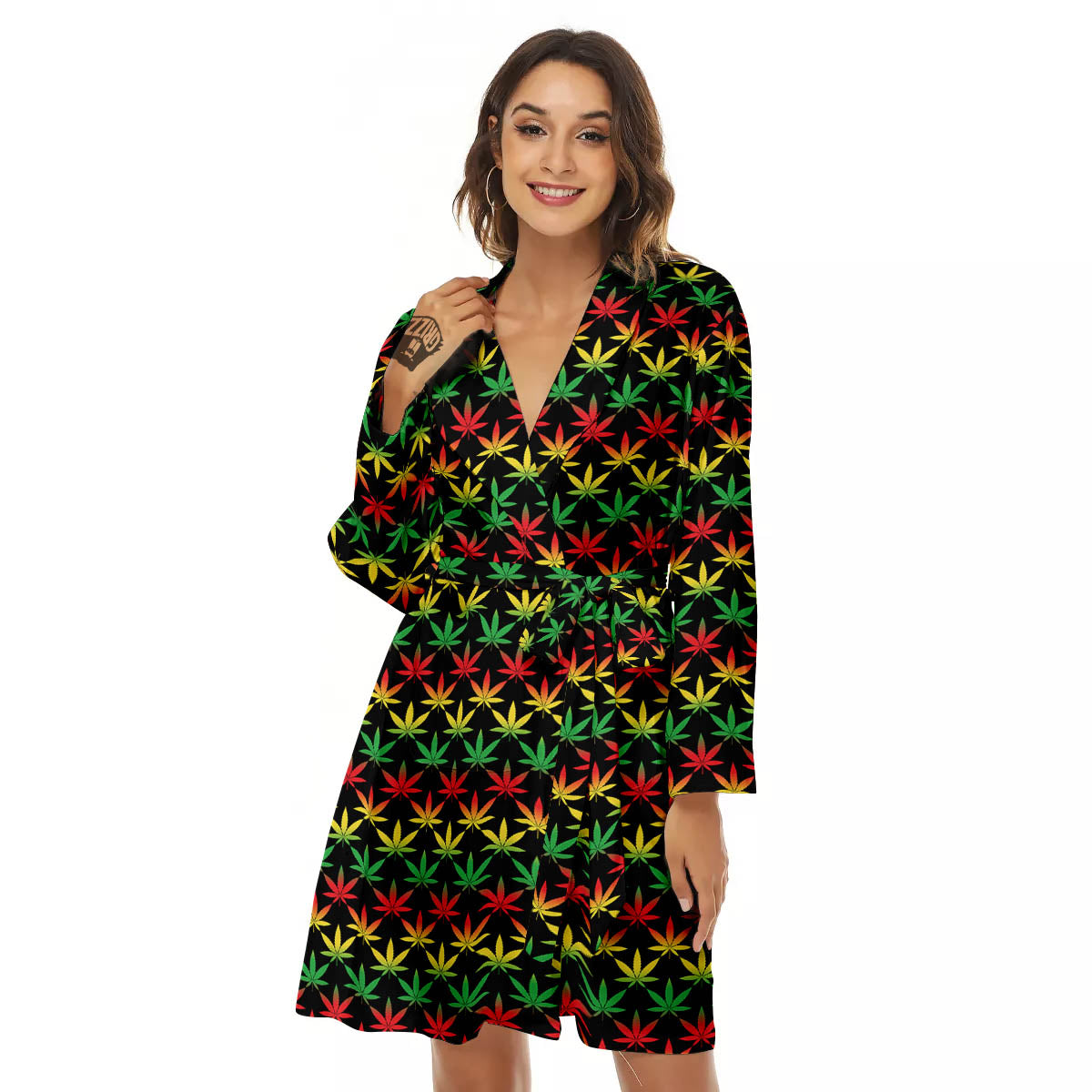 Rasta Cannabis Print Pattern Women's Robe-grizzshop
