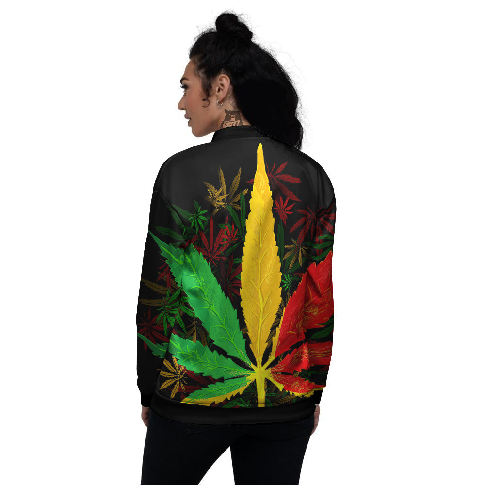 Rasta Cannabis Print Women's Bomber Jacket-grizzshop