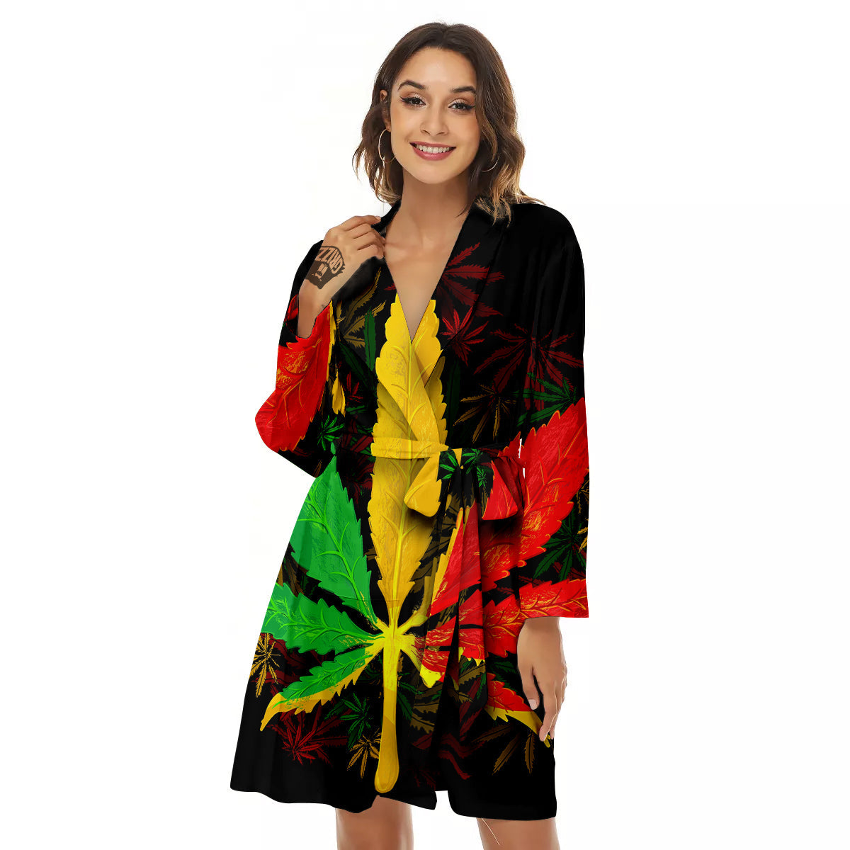 Rasta Cannabis Print Women's Robe-grizzshop