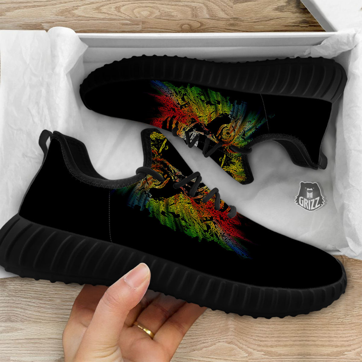 Rasta Lion Grunge Print Black Walking Shoes-grizzshop