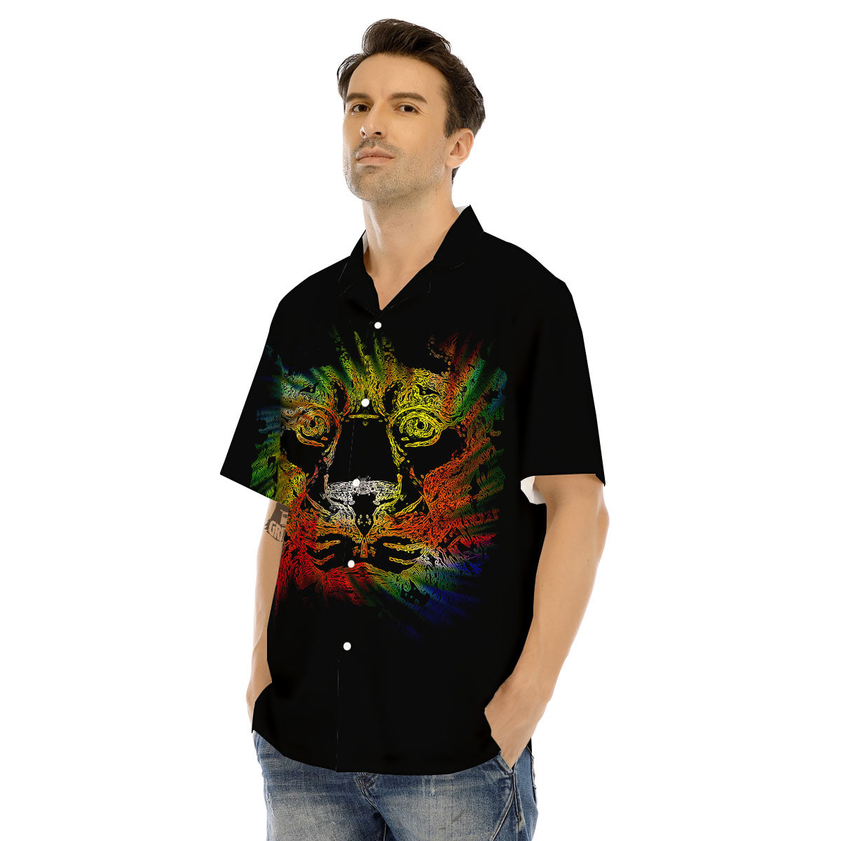 Rasta Lion Grunge Print Men's Hawaiian Shirt-grizzshop