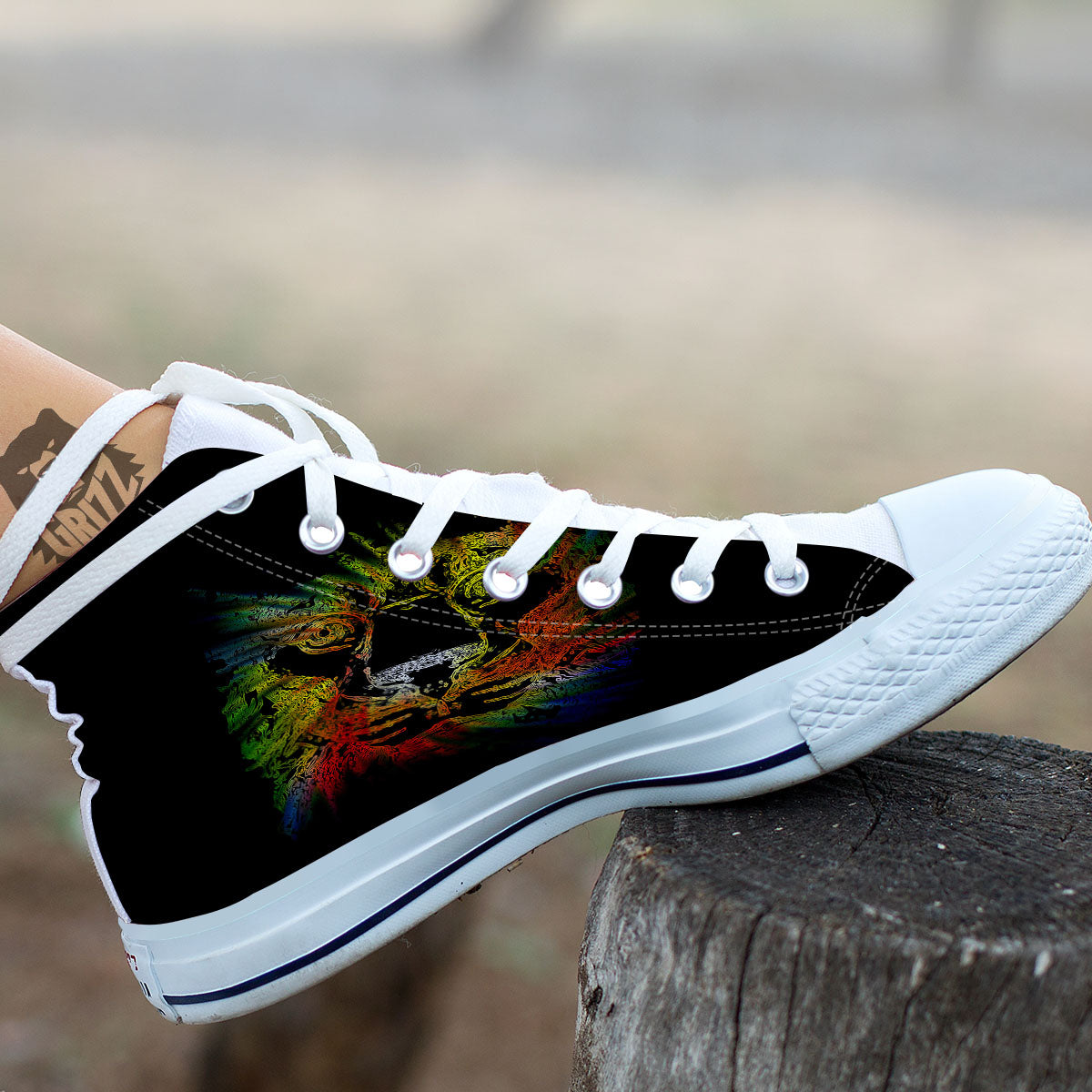 Rasta Lion Grunge Print White High Top Shoes-grizzshop