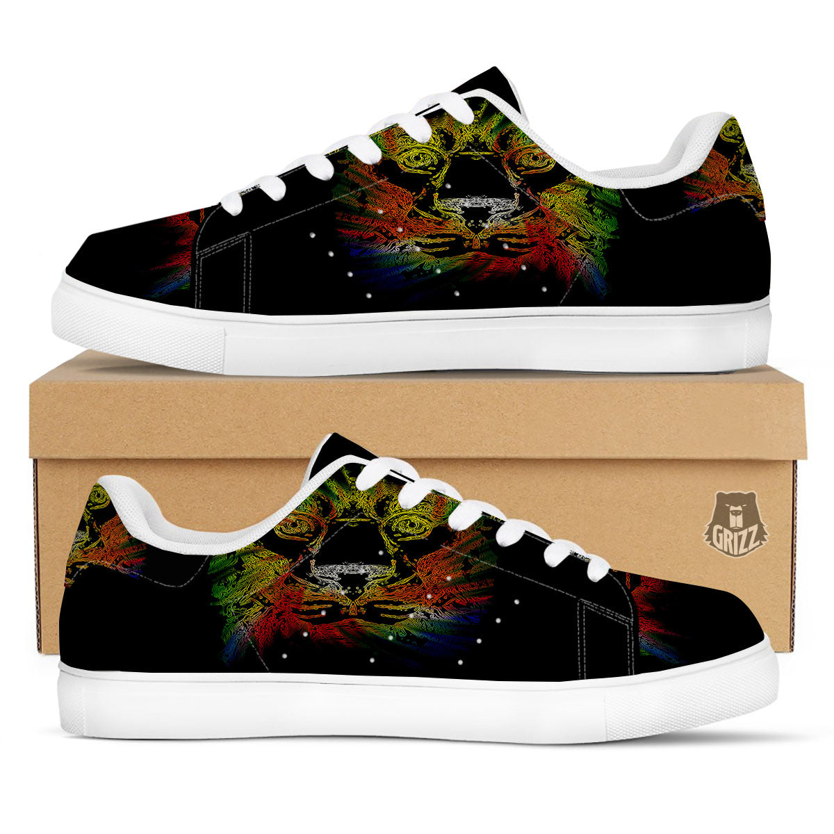Rasta Lion Grunge Print White Low Top Sneakers-grizzshop
