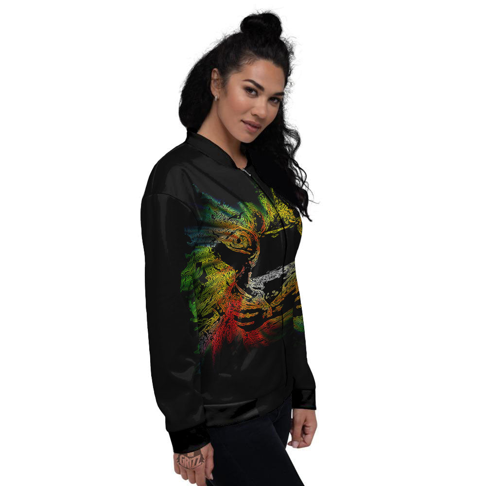 Rasta Lion Grunge Print Women's Bomber Jacket-grizzshop