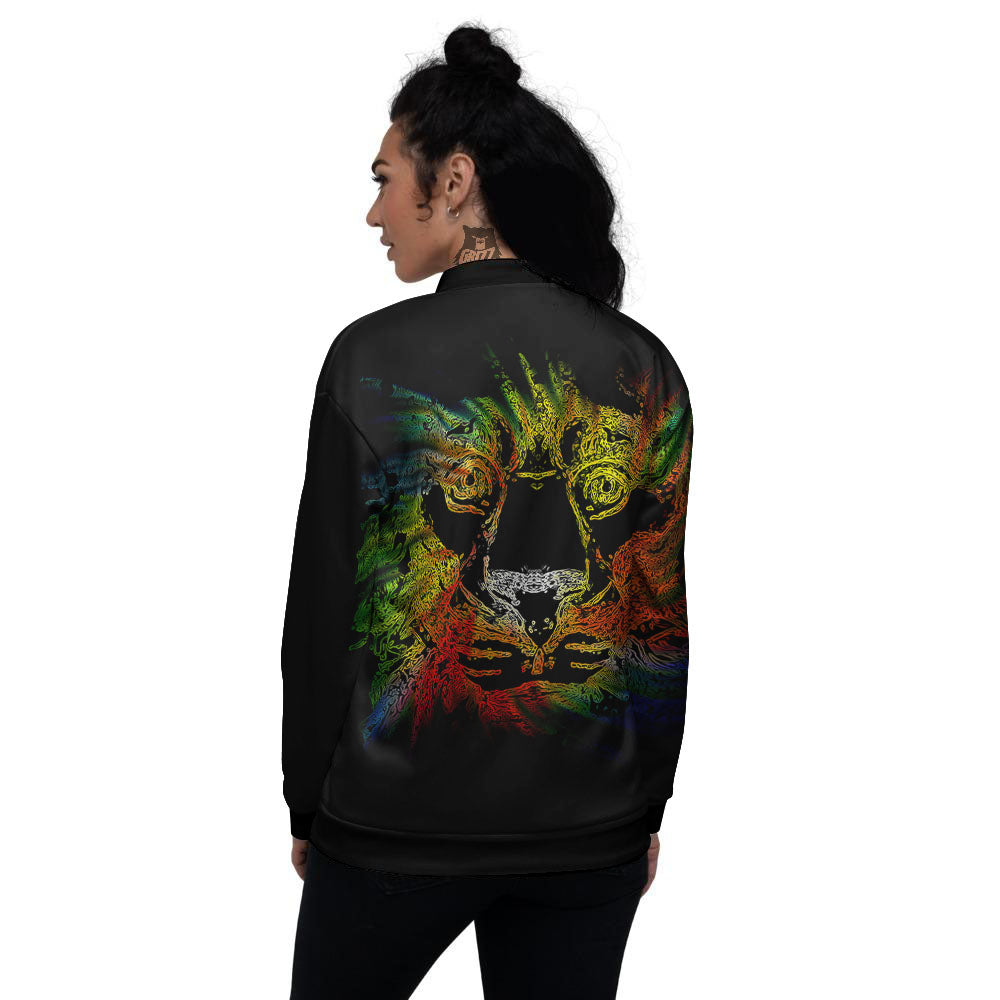 Rasta Lion Grunge Print Women's Bomber Jacket-grizzshop