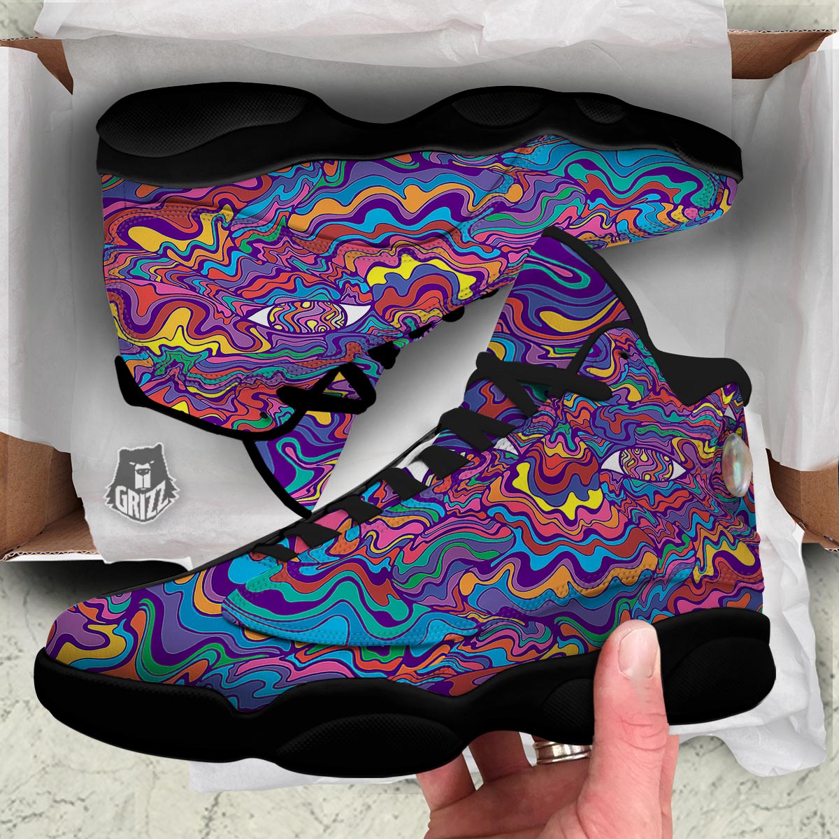 Rave Trippy Print Black Basketball Shoes-grizzshop