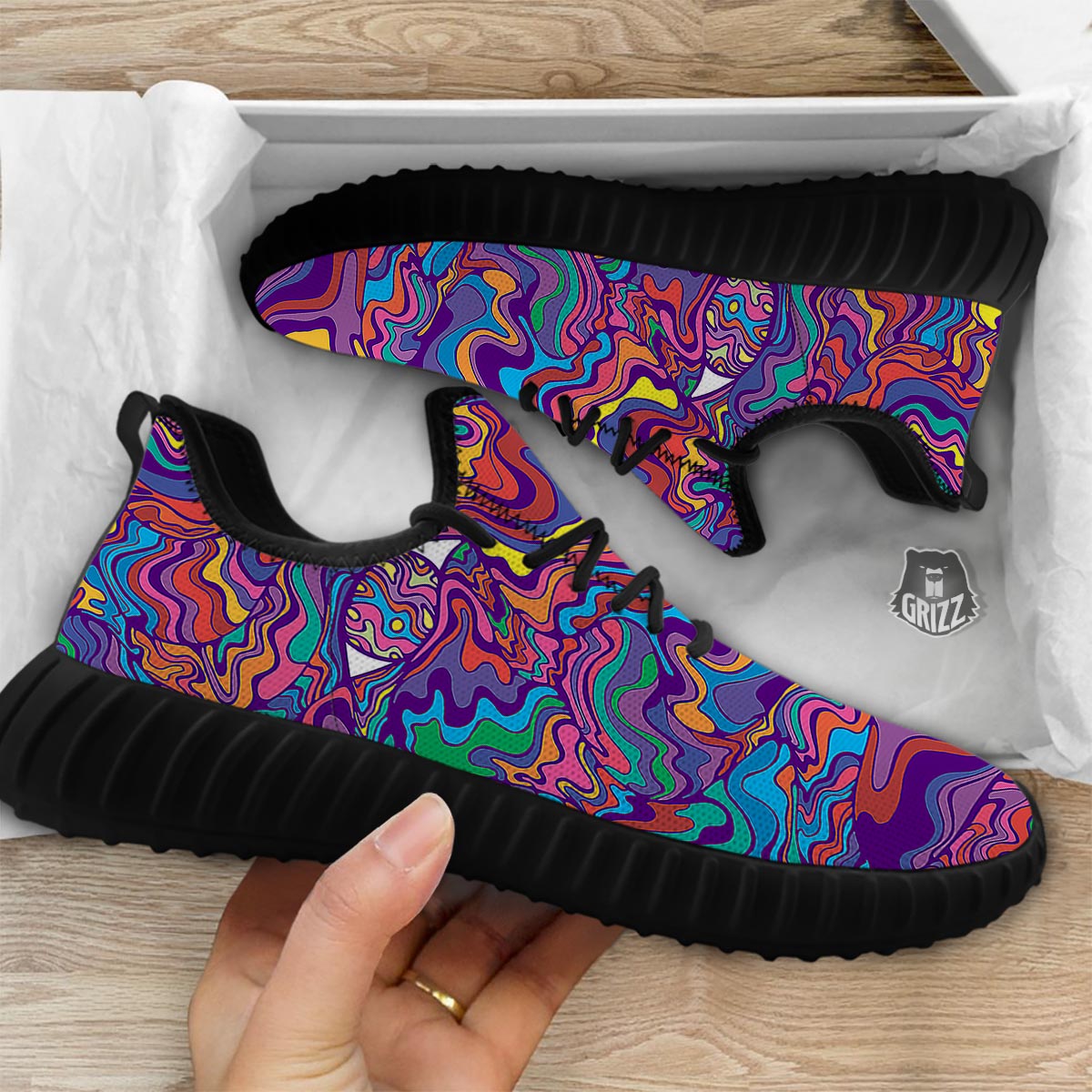 Rave Trippy Print Black Walking Shoes-grizzshop