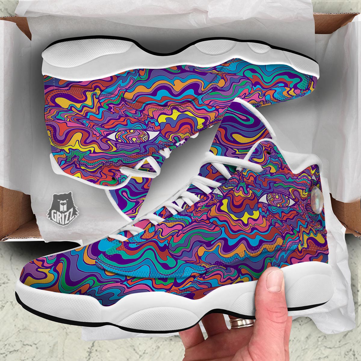 Rave Trippy Print White Basketball Shoes-grizzshop