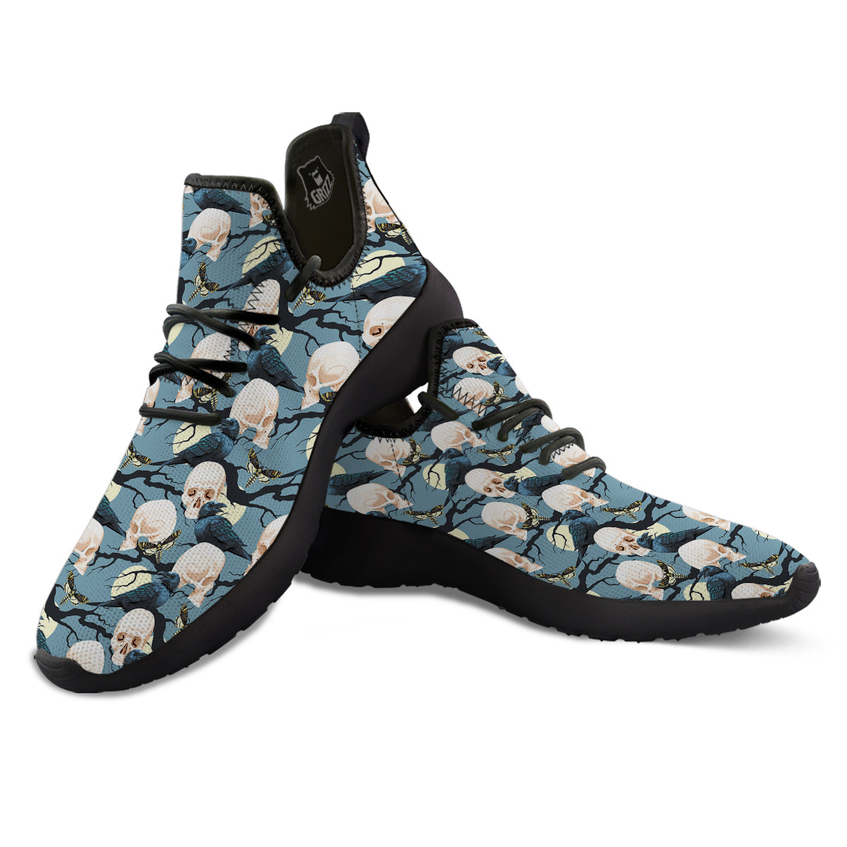 Raven Skull Print Pattern Black Athletic Shoes-grizzshop