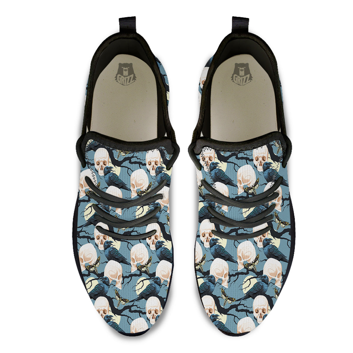 Raven Skull Print Pattern Black Athletic Shoes-grizzshop