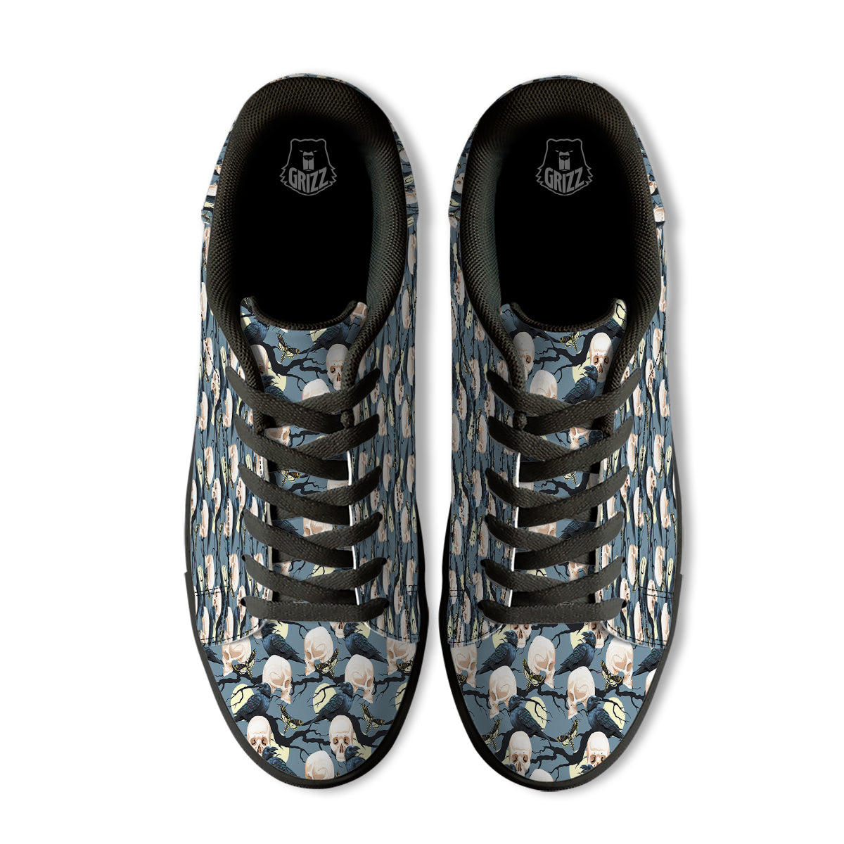Raven Skull Print Pattern Black Low Top Sneakers-grizzshop