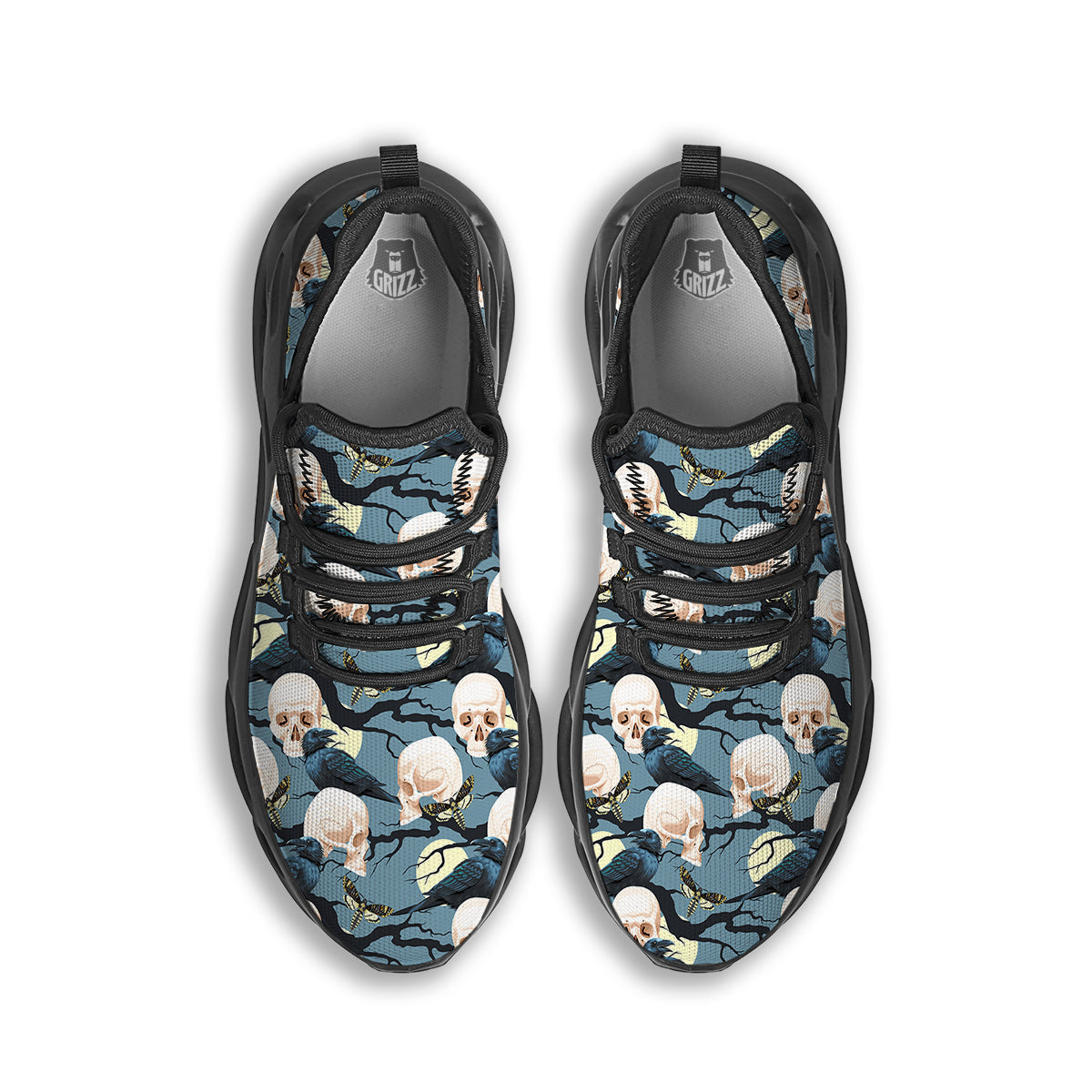 Raven Skull Print Pattern Black Running Shoes-grizzshop