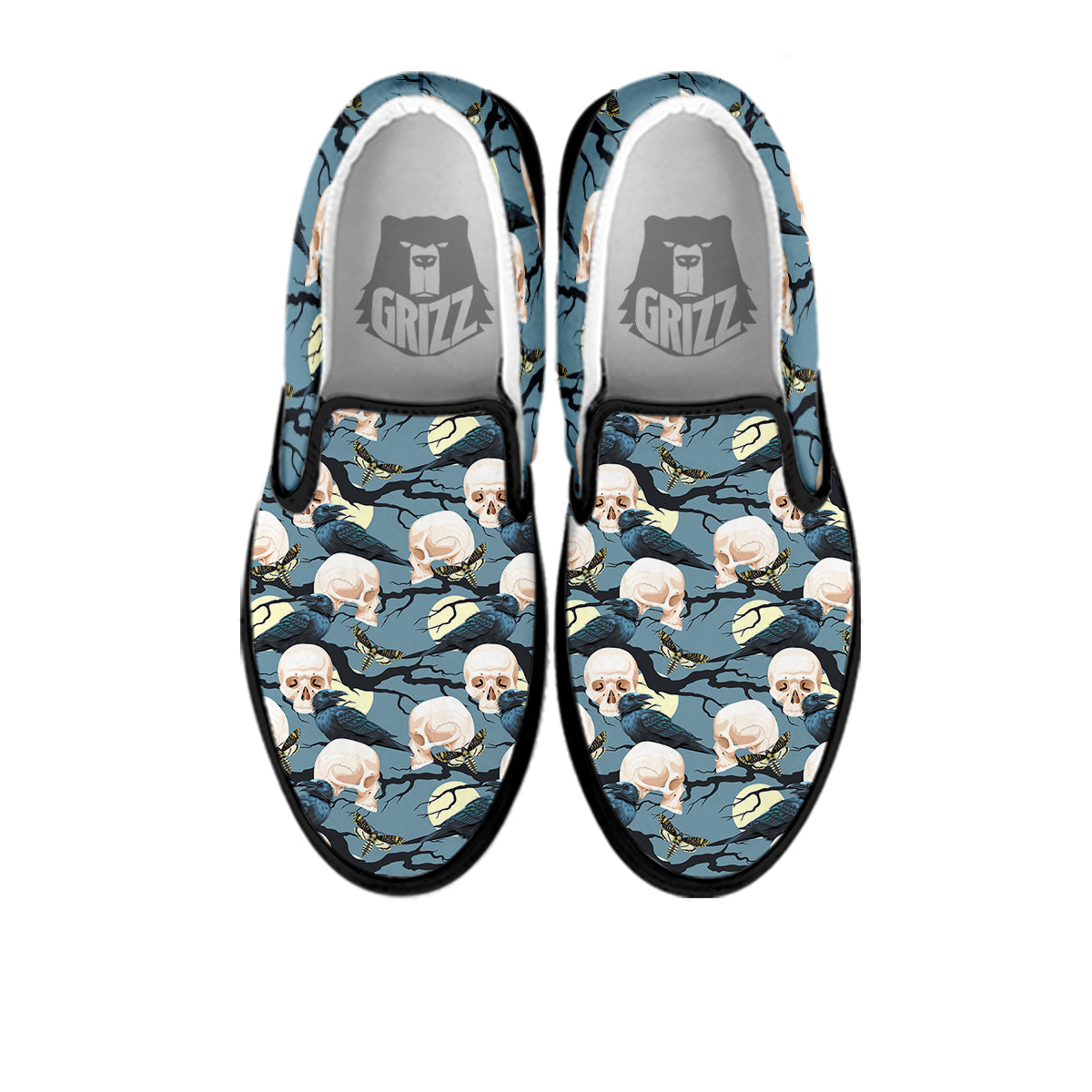 Raven Skull Print Pattern Black Slip On Shoes-grizzshop