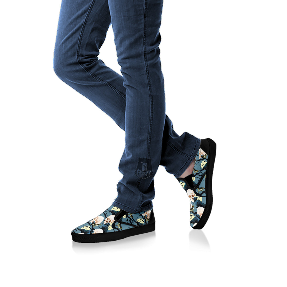Raven Skull Print Pattern Black Slip On Shoes-grizzshop