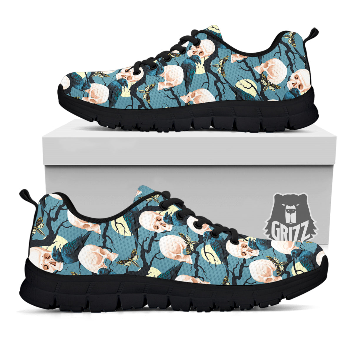 Raven Skull Print Pattern Black Sneaker-grizzshop