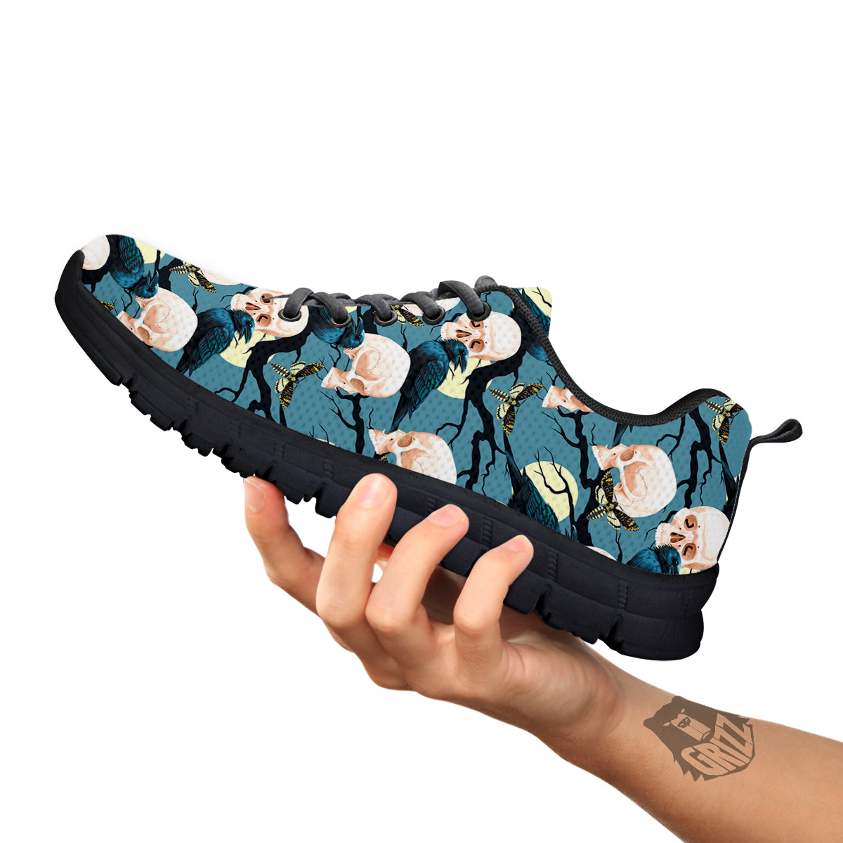 Raven Skull Print Pattern Black Sneaker-grizzshop