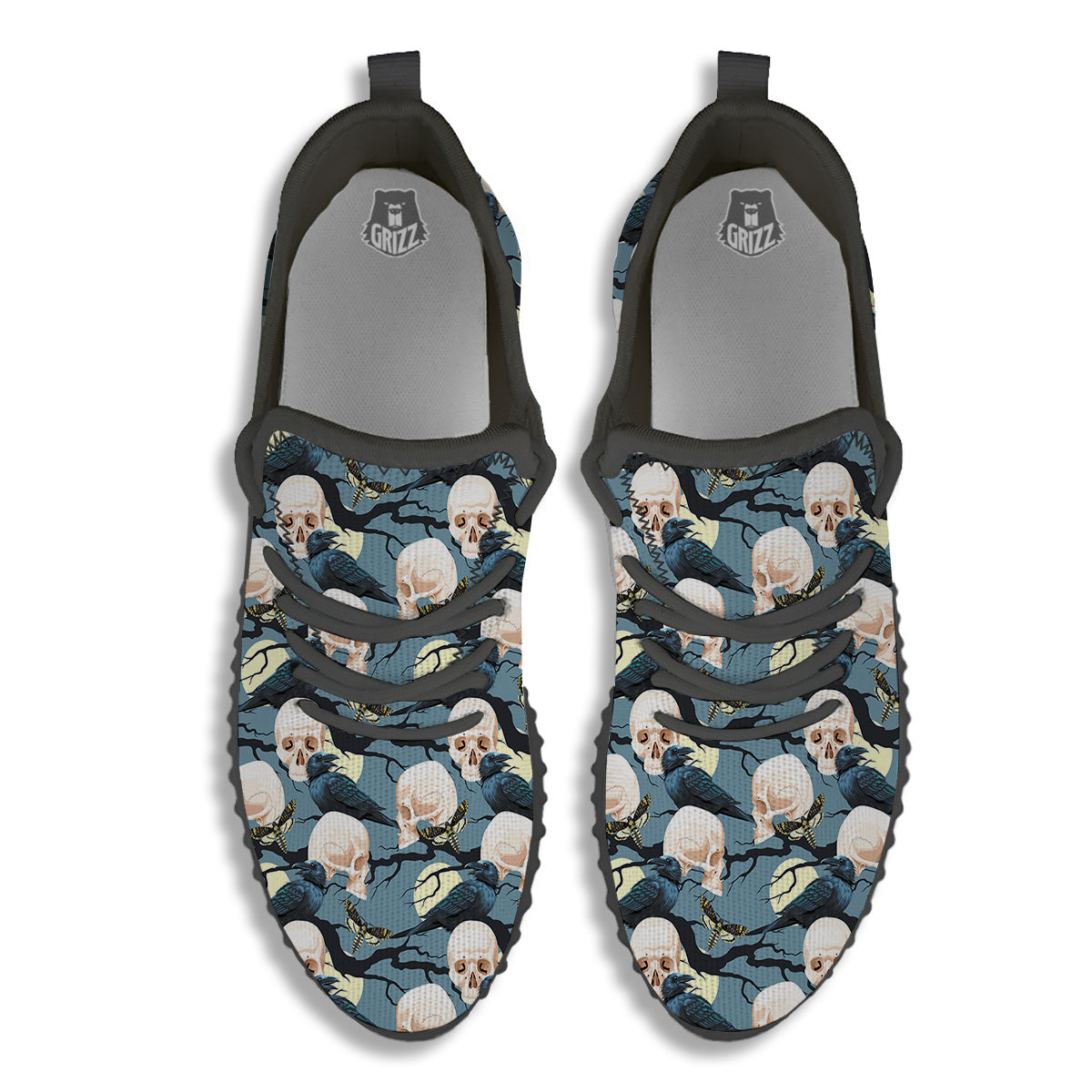 Raven Skull Print Pattern Black Walking Shoes-grizzshop
