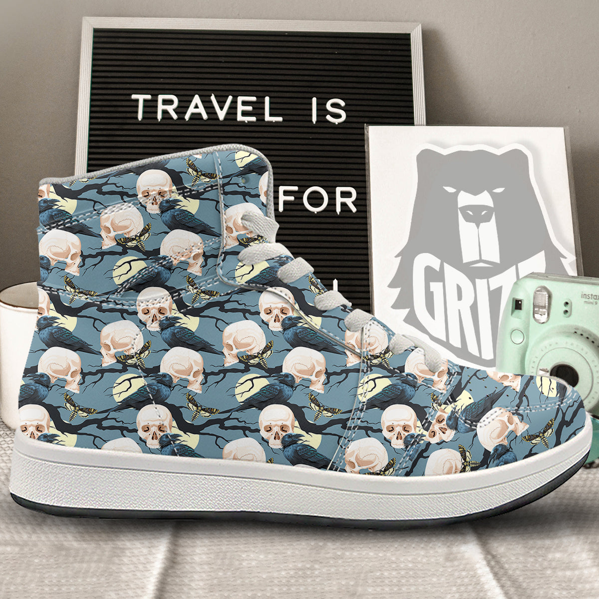 Raven Skull Print Pattern High Top Sneakers-grizzshop