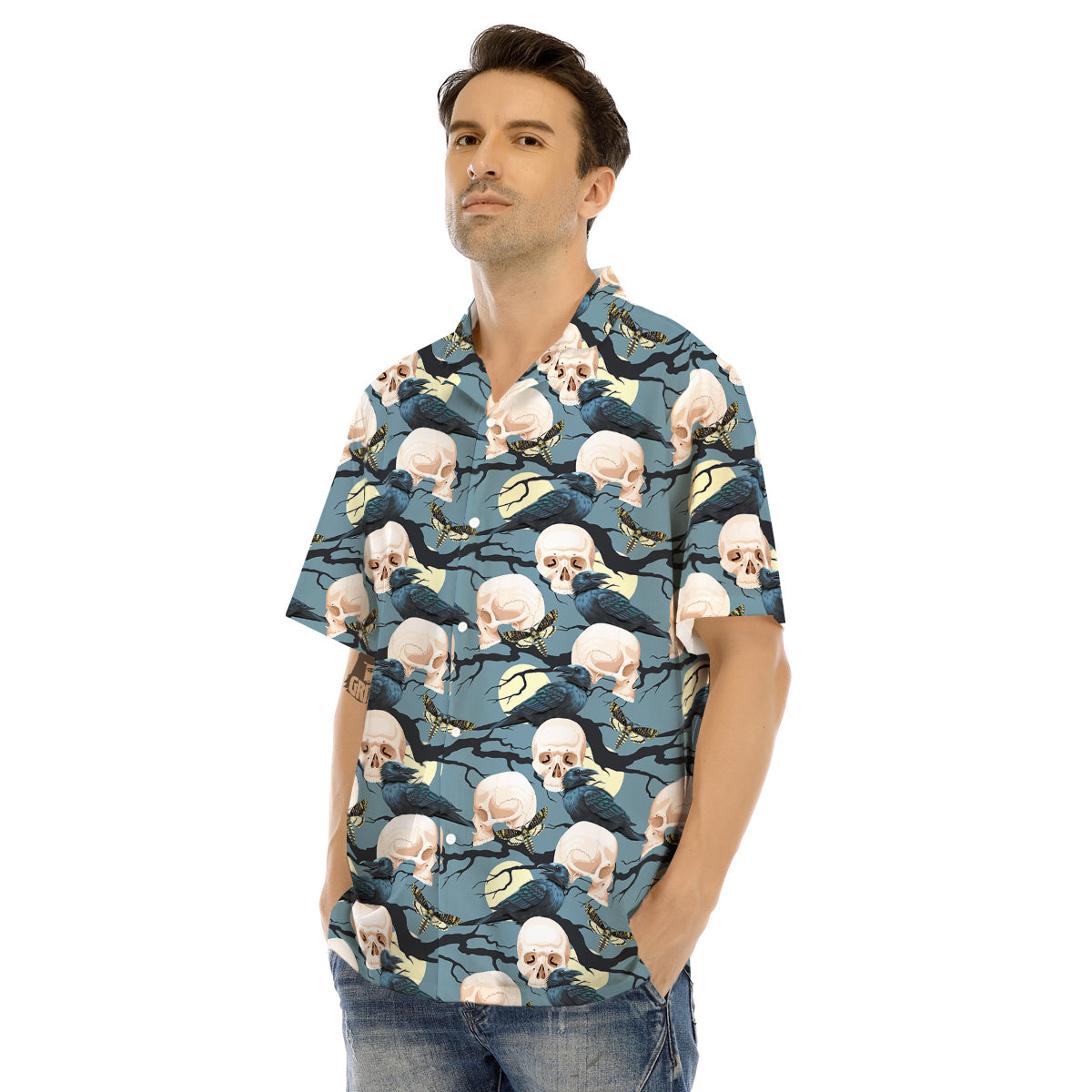 Raven Skull Print Pattern Men's Hawaiian Shirt-grizzshop
