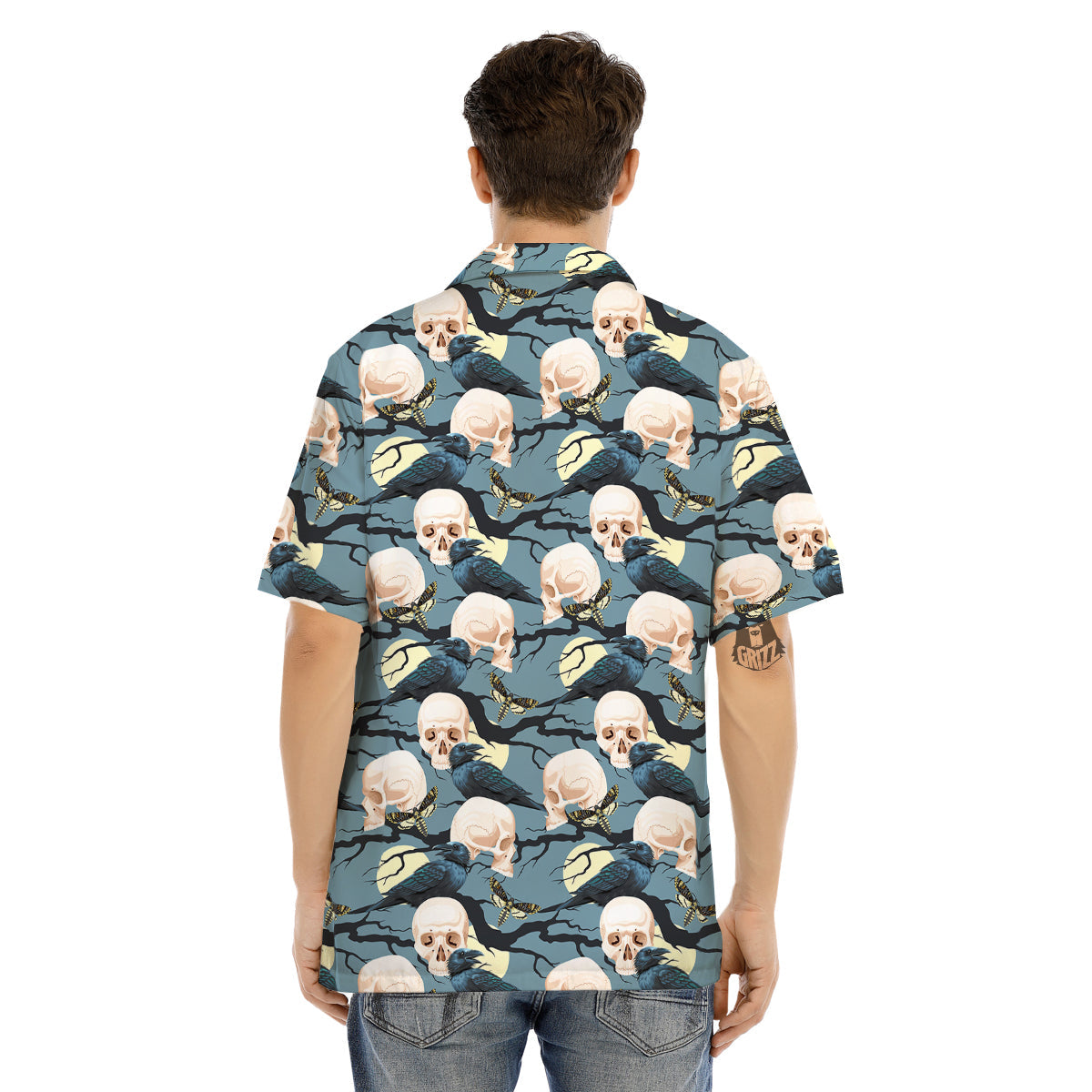 Raven Skull Print Pattern Men's Hawaiian Shirt-grizzshop