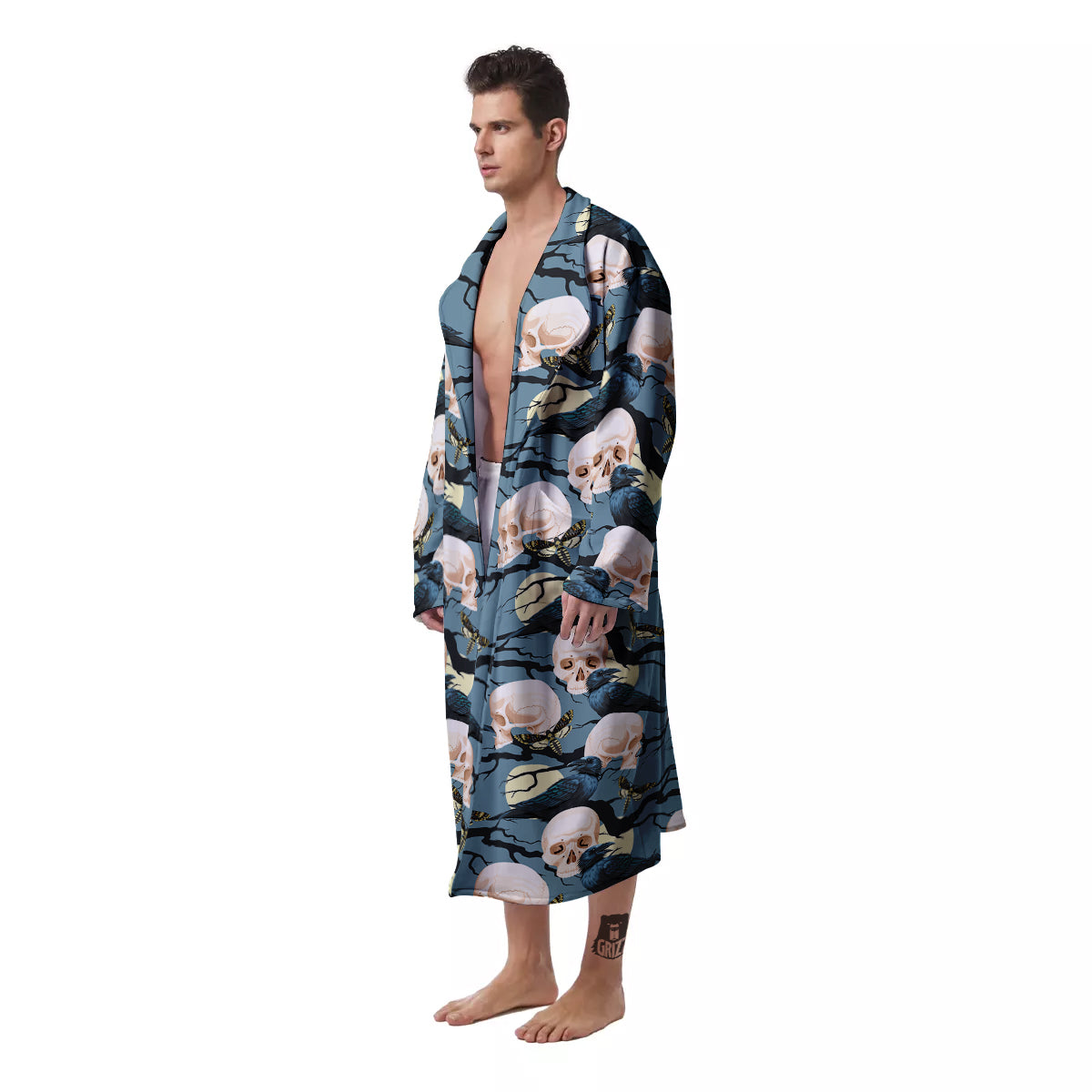 Raven Skull Print Pattern Men's Robe-grizzshop