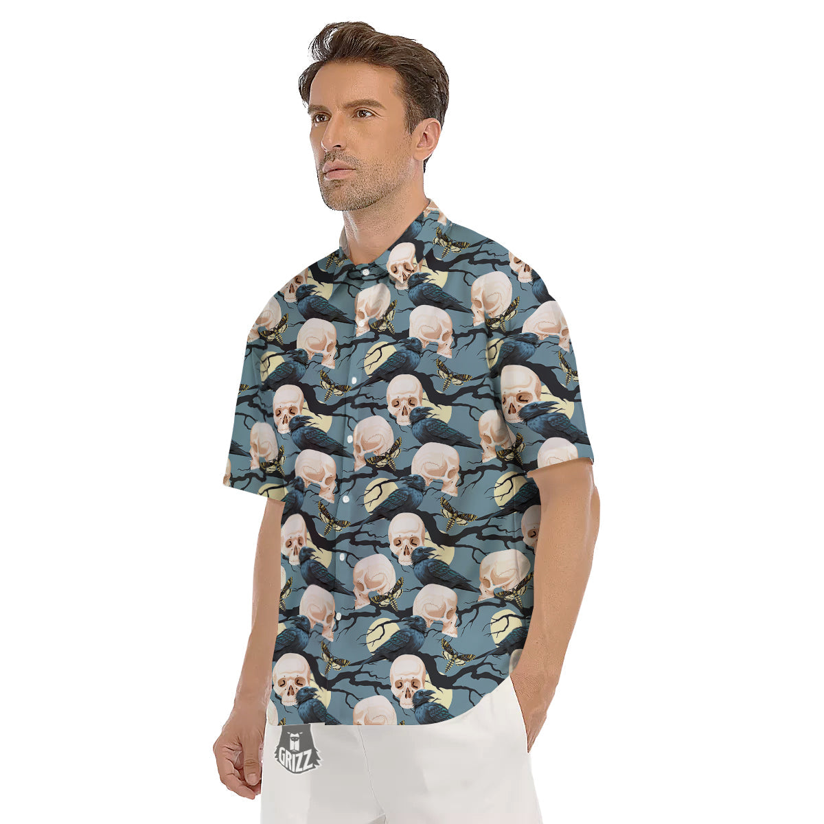Raven Skull Print Pattern Men's Short Sleeve Shirts-grizzshop