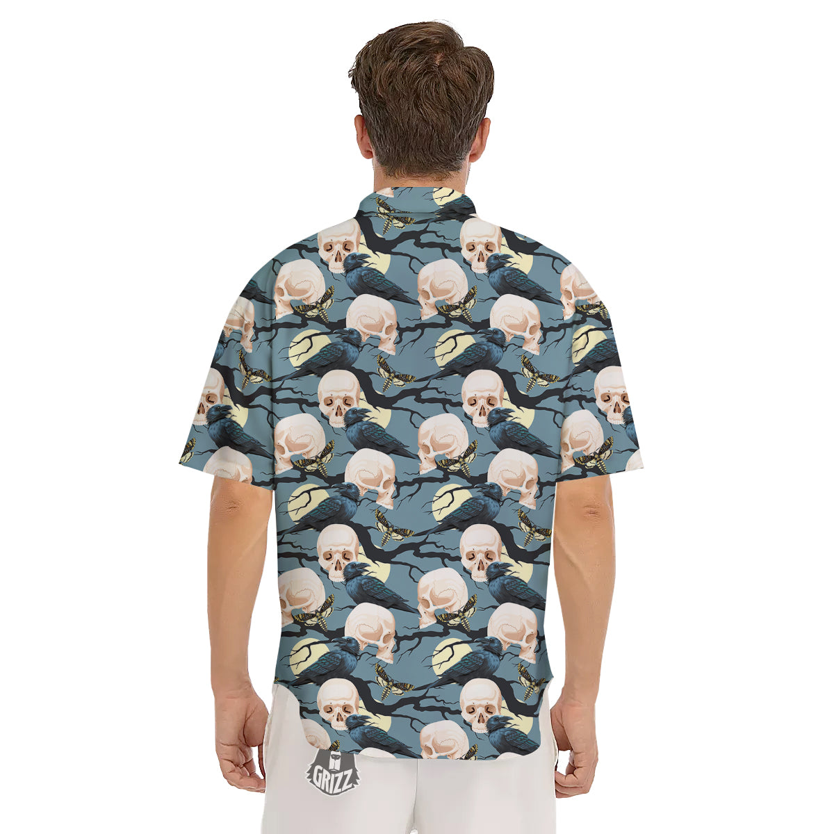 Raven Skull Print Pattern Men's Short Sleeve Shirts-grizzshop