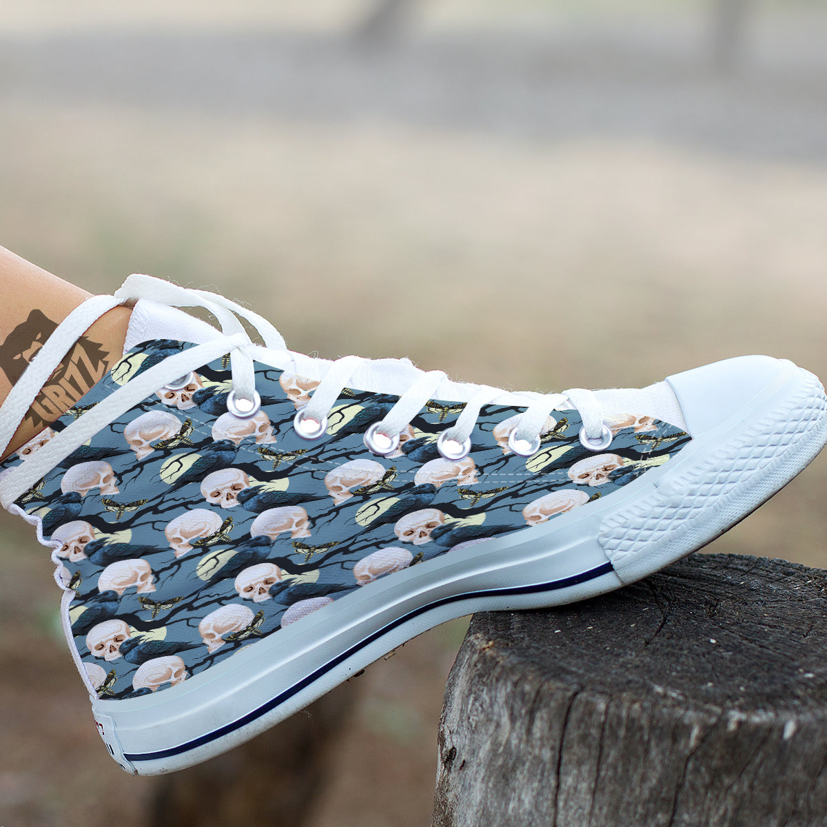 Raven Skull Print Pattern White High Top Shoes-grizzshop