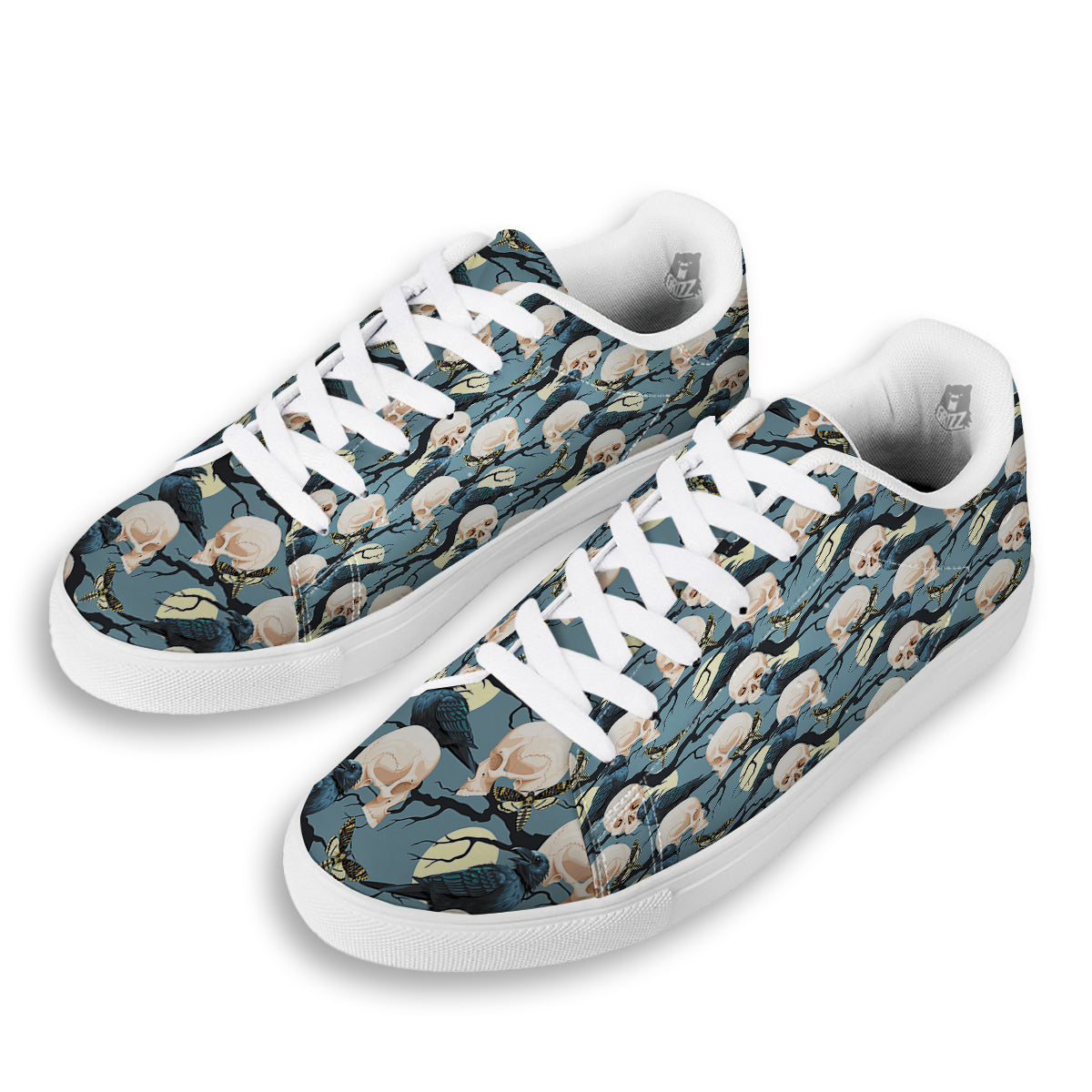 Raven Skull Print Pattern White Low Top Sneakers-grizzshop