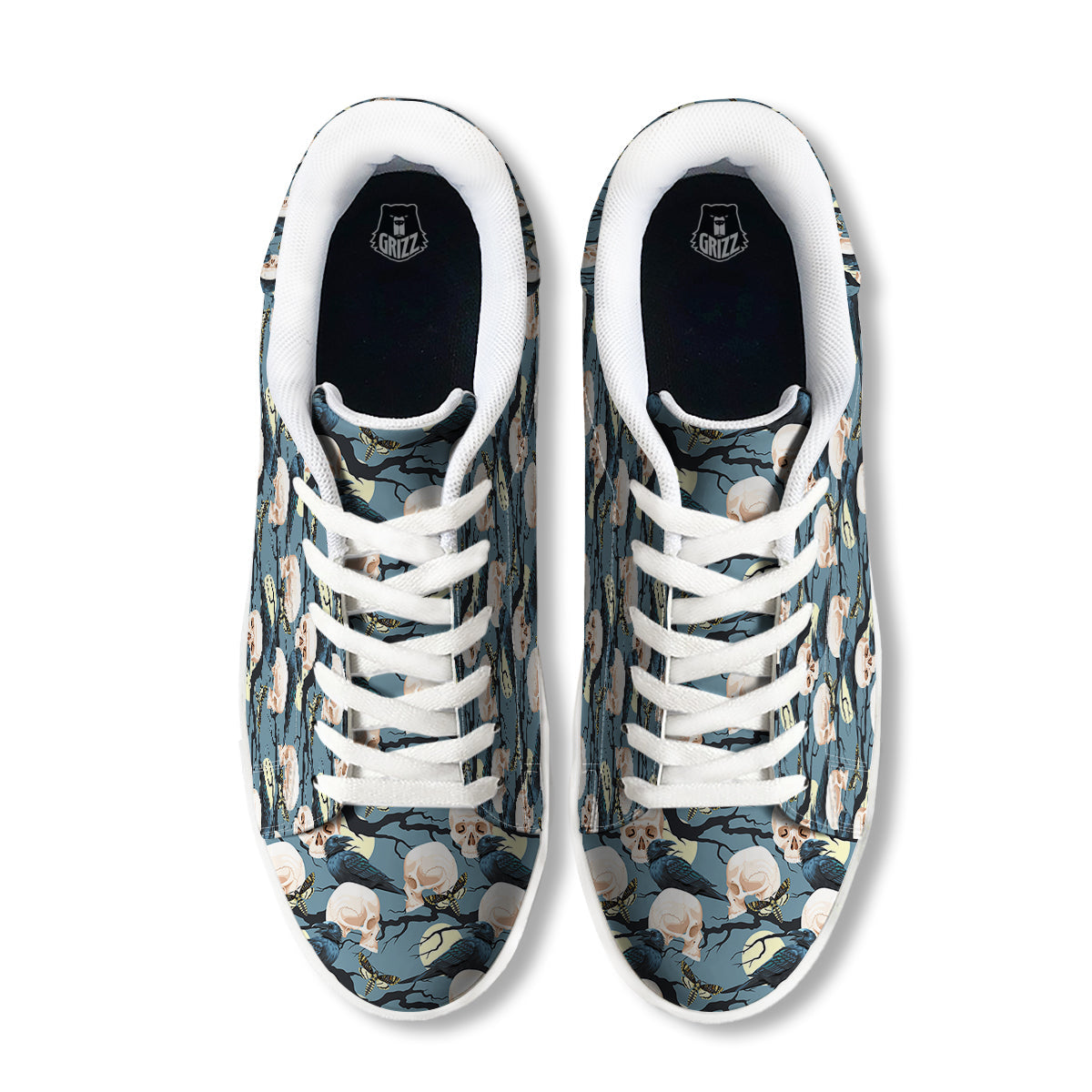 Raven Skull Print Pattern White Low Top Sneakers-grizzshop